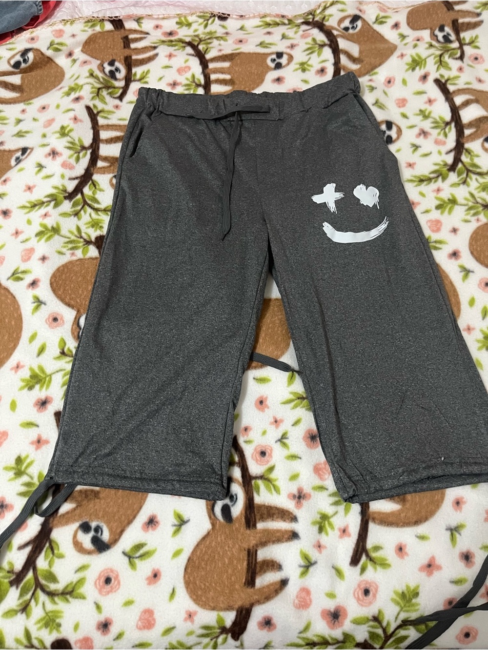 Women’s Charcoal Gray Drawstring Lounge Pants with Smiley Graphic
